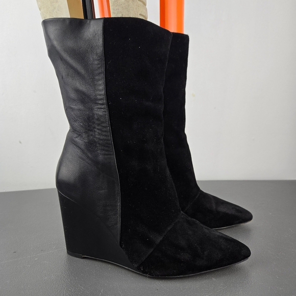 1. State Shoes - 1.State Zalena Black Leather Suede Pointed-Toe Wedge Booties